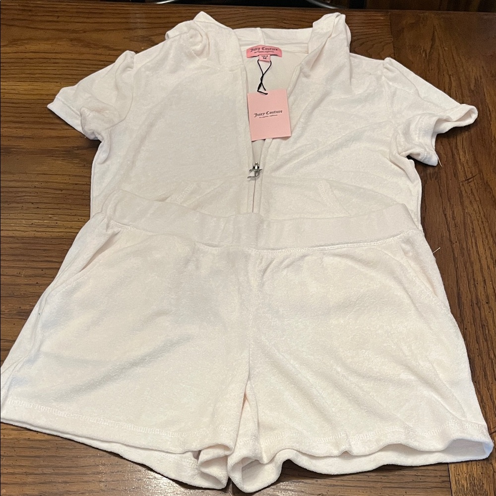 Juicy Couture‎ Cream Short Sleeve Velour Zip Up Short Set, side medium, NWT